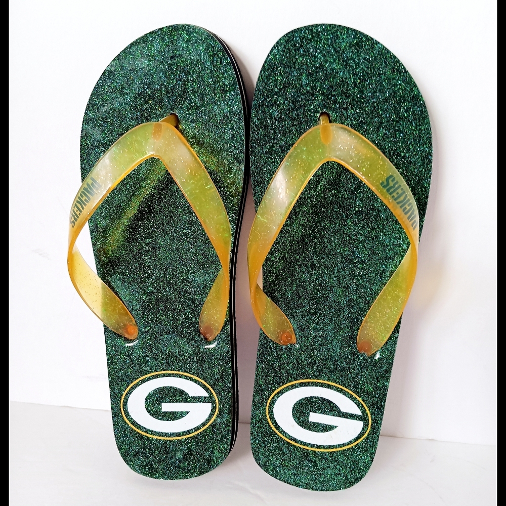 💚💛 Green Bay Packers Glitter Sandals Flip Flops Womens 6.5 NFL Football Thongs